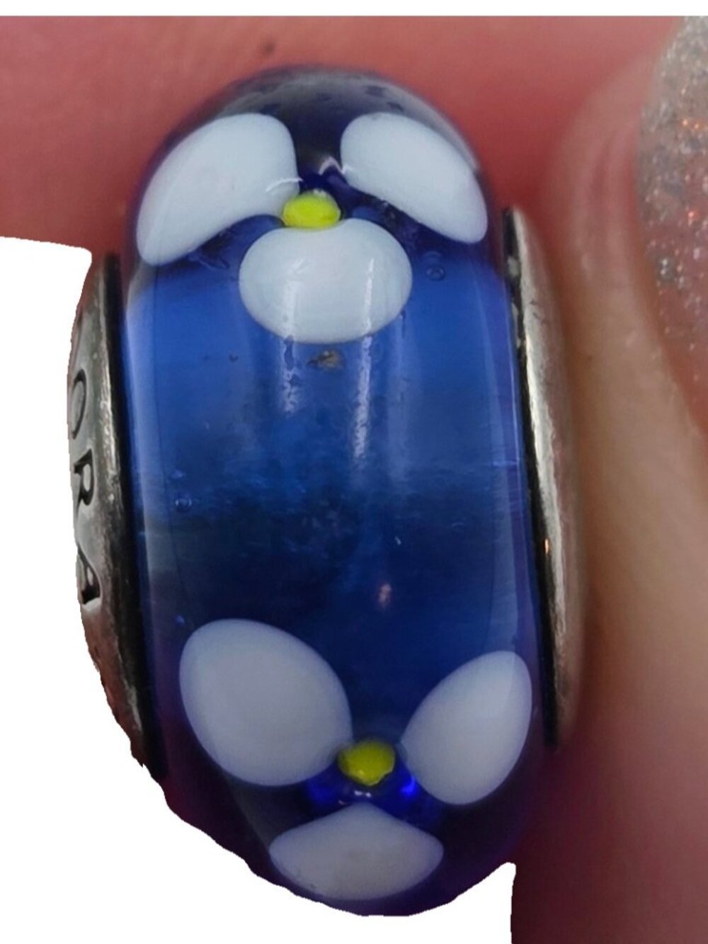 Pandora Sterling Silver Blue Flowers Murano Glass Bead Charm #790609 Read